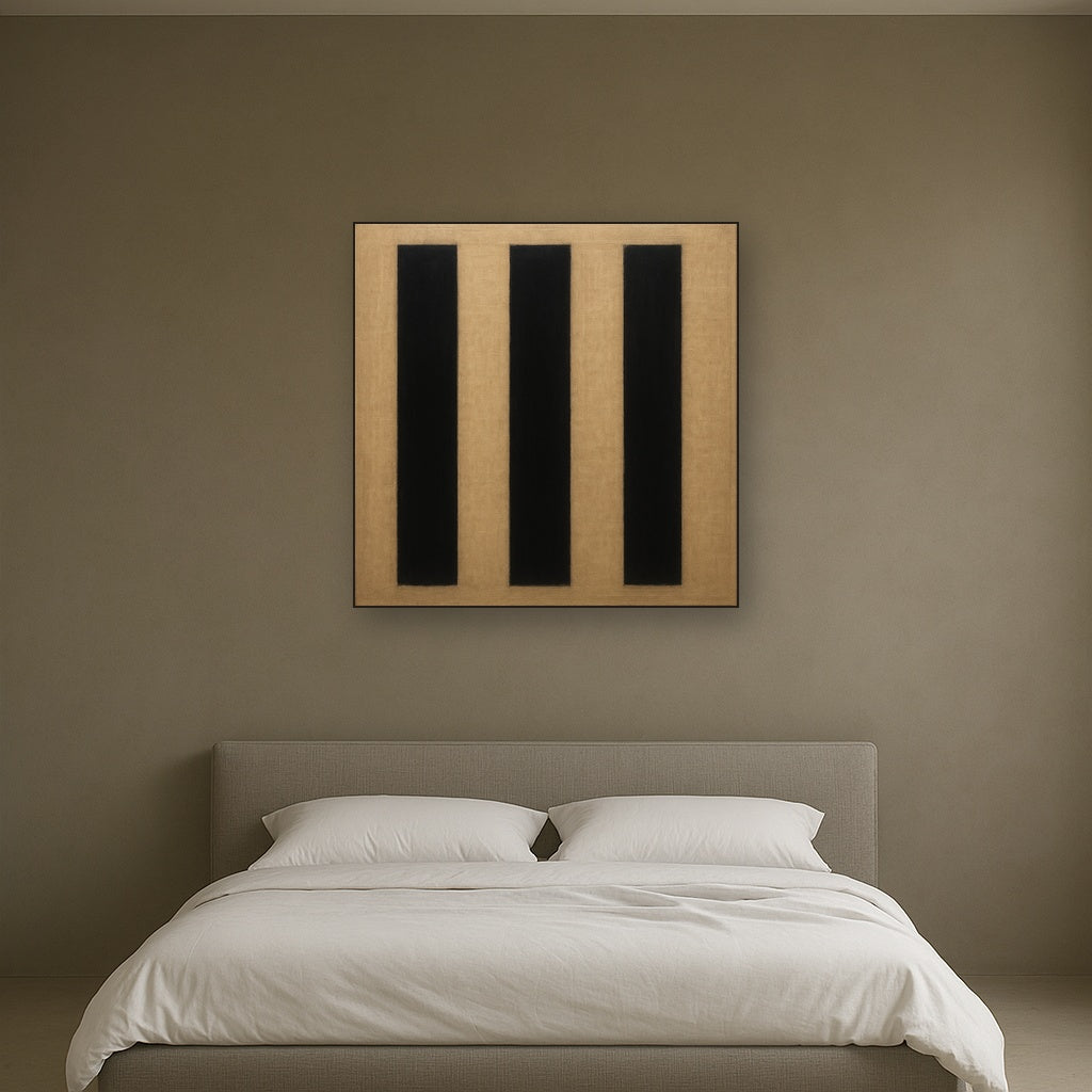 Minimalist Black Stripe & Raw Linen Rhythm No. 7 Fine Art Oil Painting - View 3