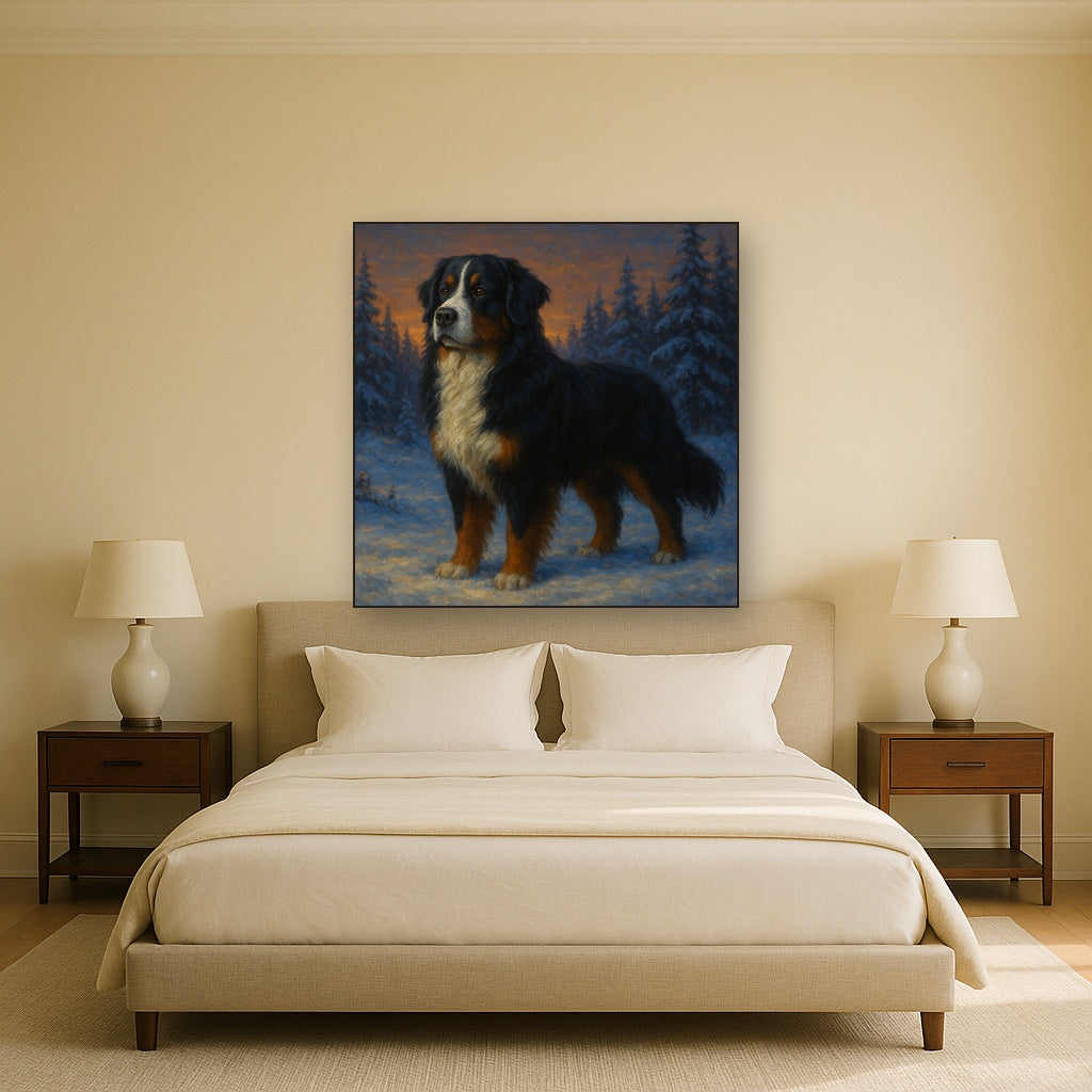 Bernese Mountain Dog in Winter Snowscape No. 7 Fine Art Oil Painting - View 3