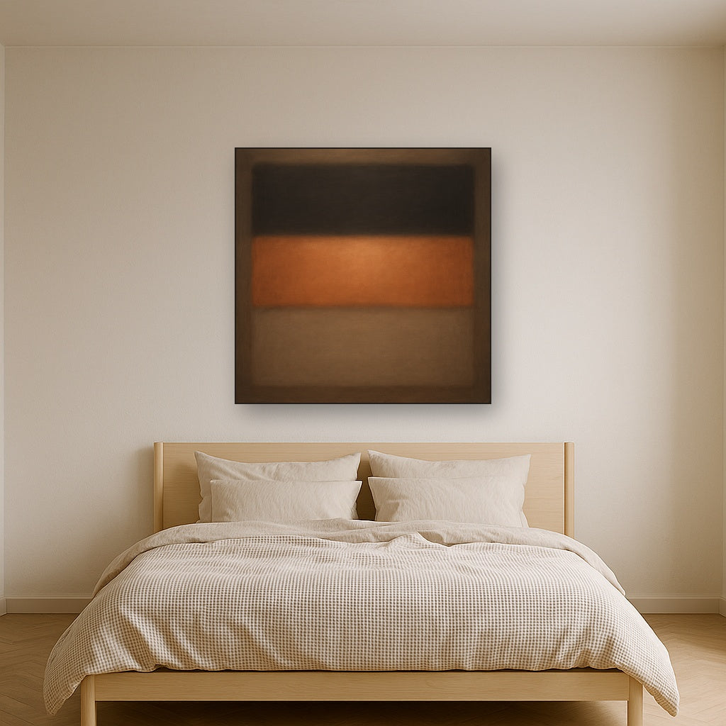 Charcoal Slate & Burnished Copper Horizon No. 13 Oil Painting Staged Above Master Bed in Bedroom, Calming Neutral Hand Painted Oil Art