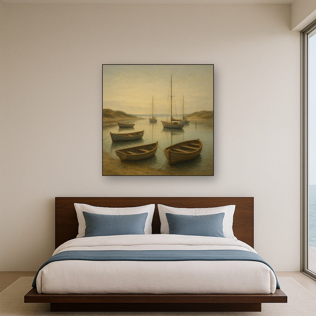 Quiet Fishing Harbor at Morning Low Tide No. 12 Oil Painting Staged Above Master Bed in Bedroom, Calming Neutral Hand Painted Oil Art