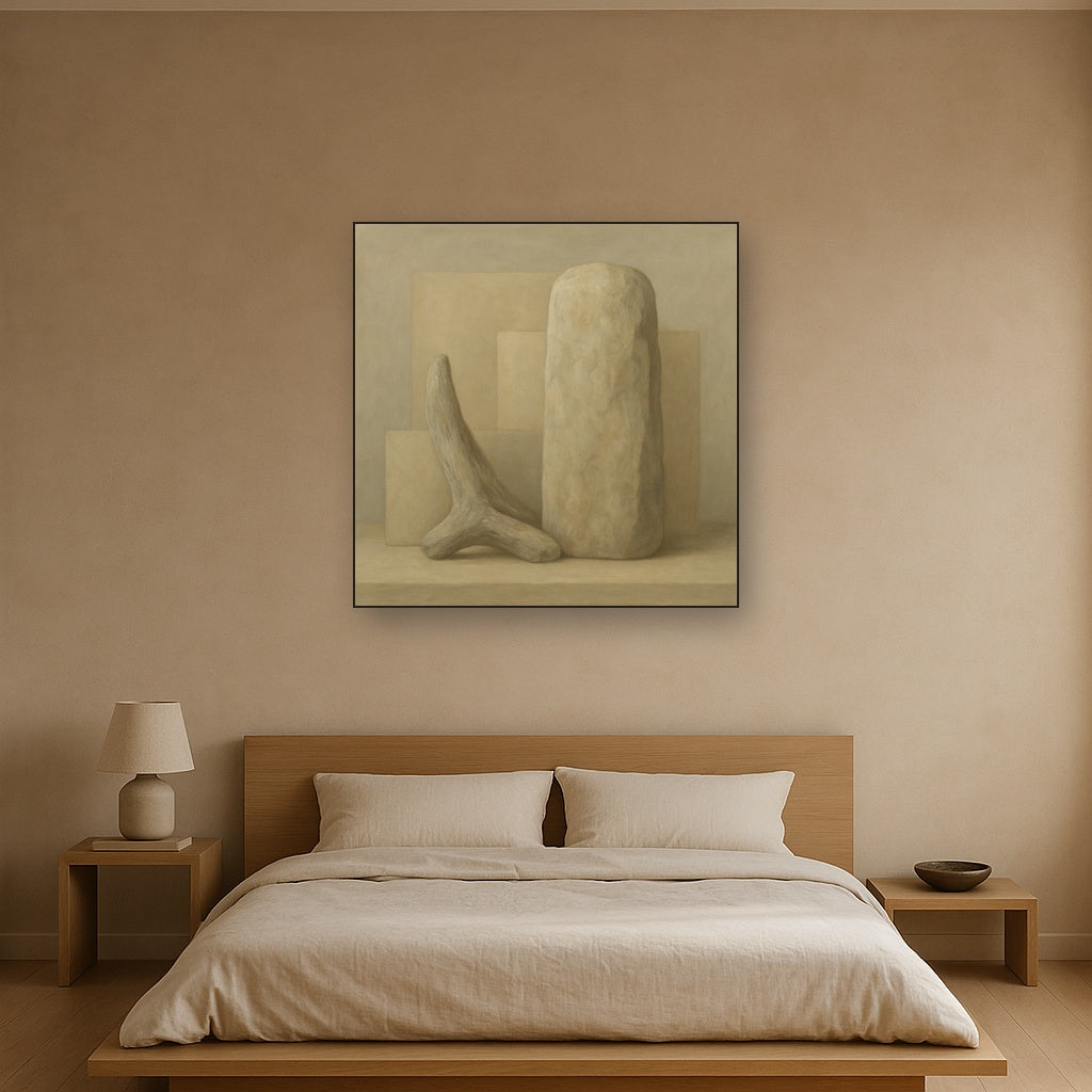 Driftwood Grey & Weathered Stone Monolith No. 9 Oil Painting Staged Above Master Bed in Bedroom, Calming Neutral Hand Painted Oil Art
