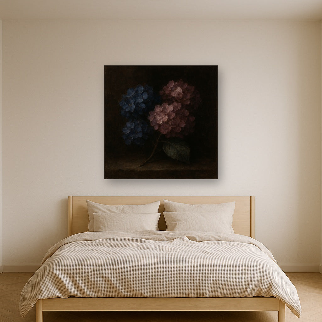 Moody Dark Hydrangea Floral Oil Painting - Styled in Master Bedroom