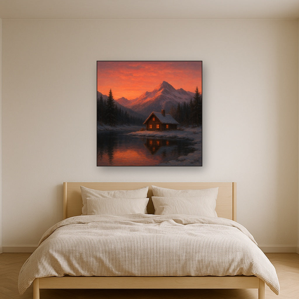 Winter Solstice Mountain Cabin Reflection No. 7 Oil Painting - View 3