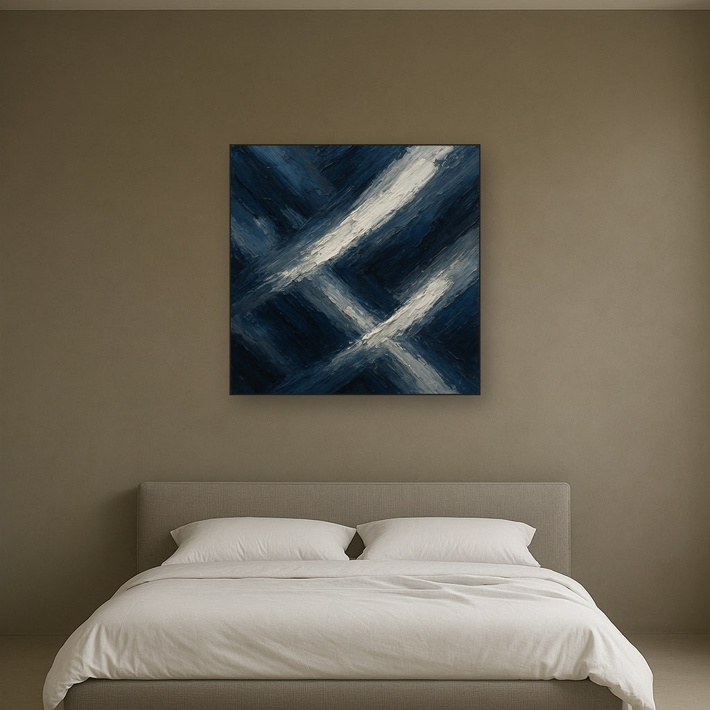 Prussian Indigo Sweep Modern Abstract Oil Painting - Styled in Master Bedroom