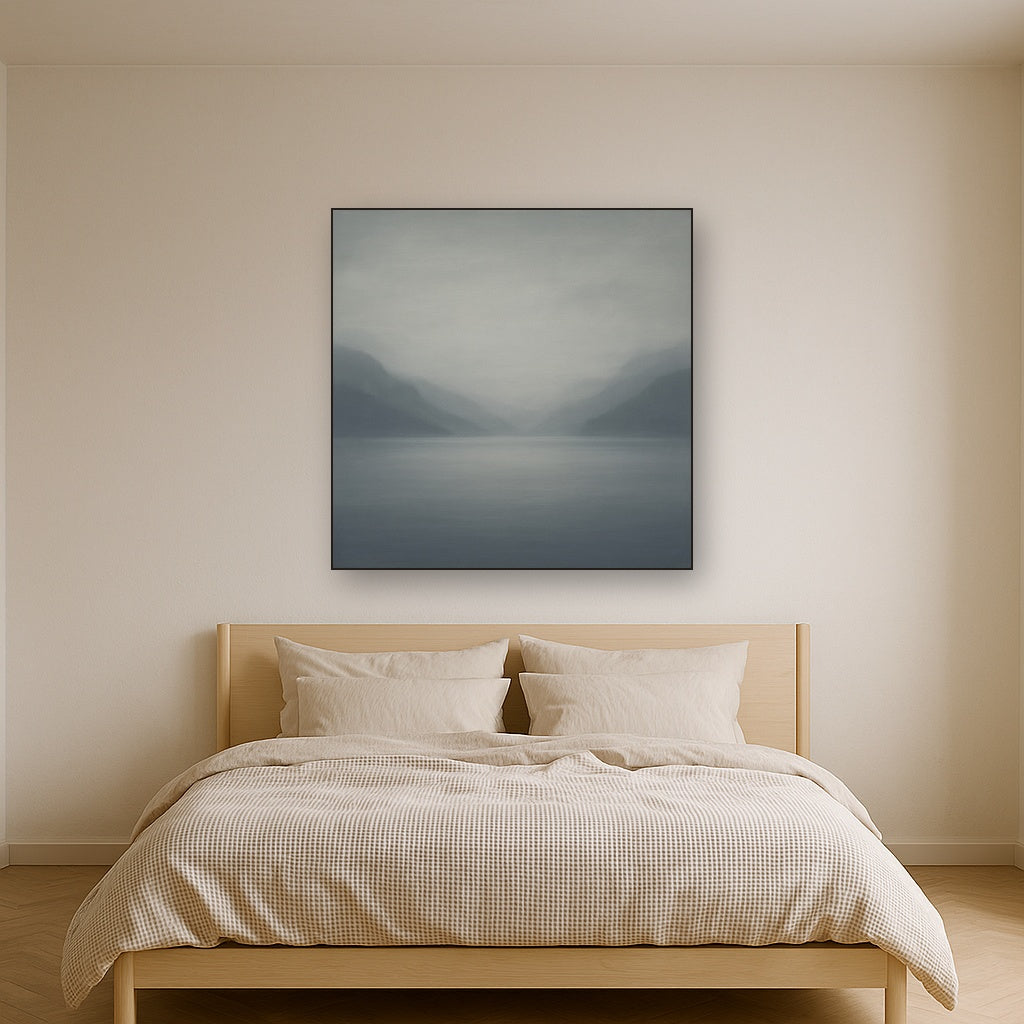 Misty Fjord Horizon in Monochromatic Slate No. 24 Oil Painting Staged Above Master Bed in Bedroom, Calming Neutral Hand Painted Oil Art