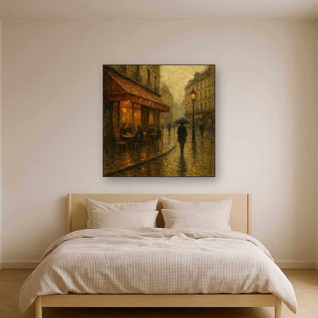 Parisian Cafe Rain Reflections Oil Painting - Styled in Master Bedroom