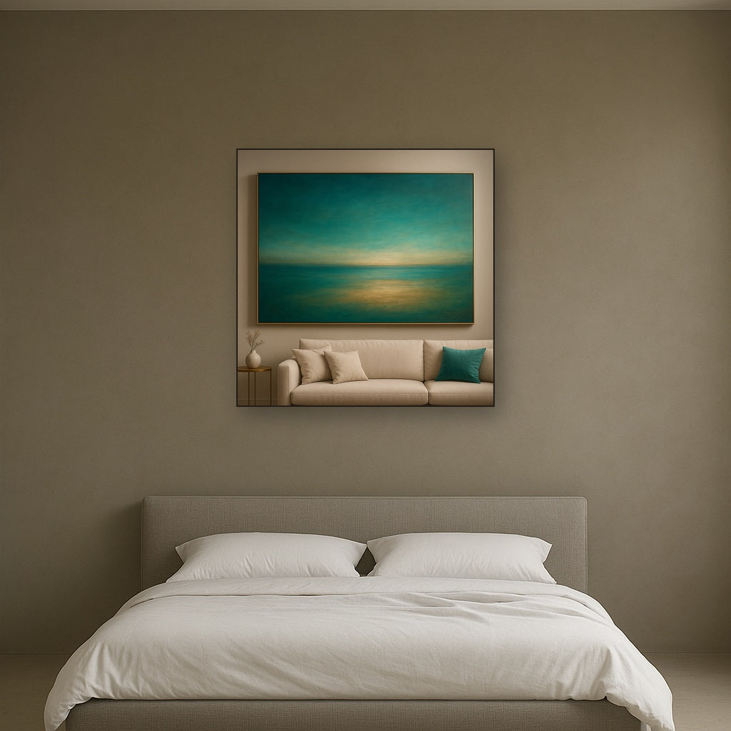 Peacock Teal & Champagne Gold Horizon No. 17 Oil Painting Staged Above Master Bed in Bedroom, Calming Neutral Hand Painted Oil Art
