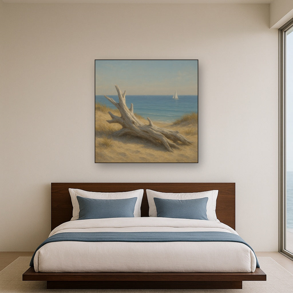Sun-Bleached Driftwood & Distant Sailboat No. 12 Oil Painting - View 3