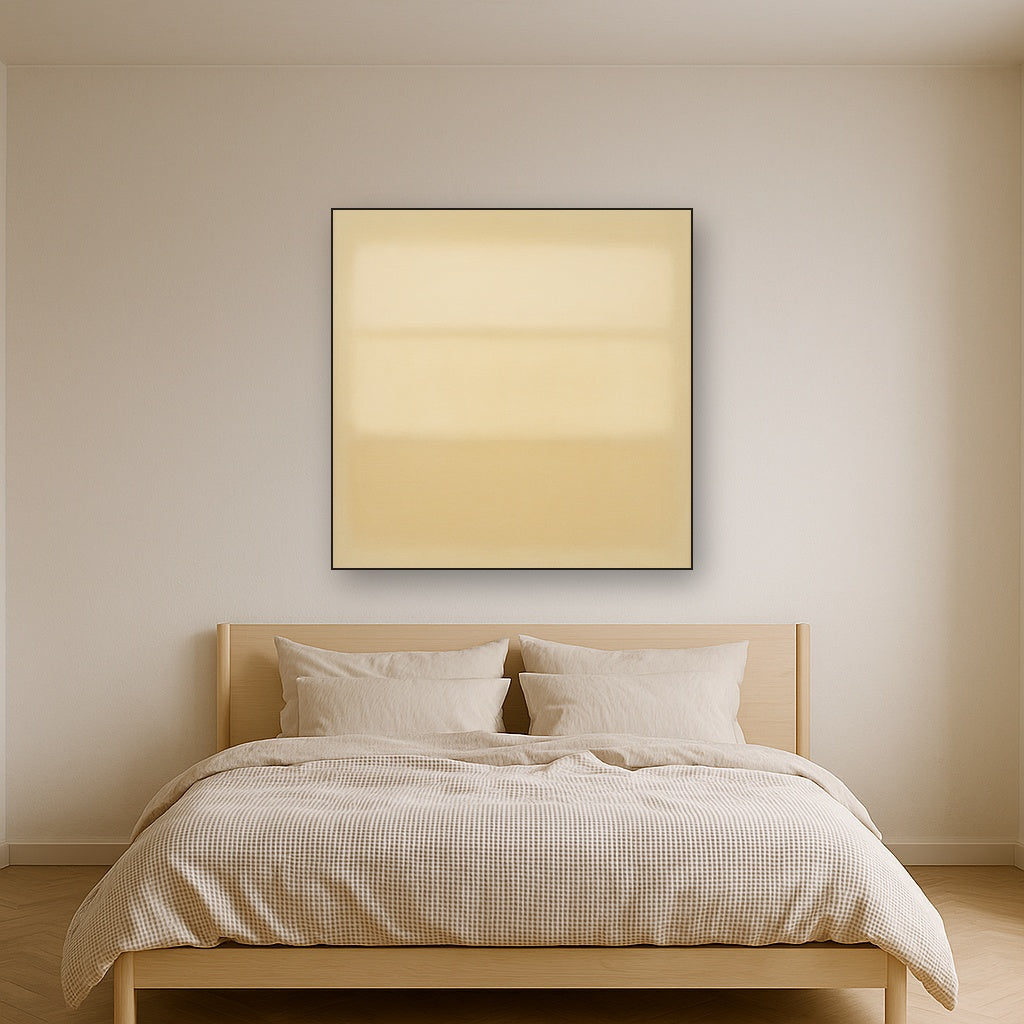 Oatmeal White & Pale Alabaster Monochrome Study No. 15 Oil Painting Staged Above Master Bed in Bedroom, Calming Neutral Hand Painted Oil Art