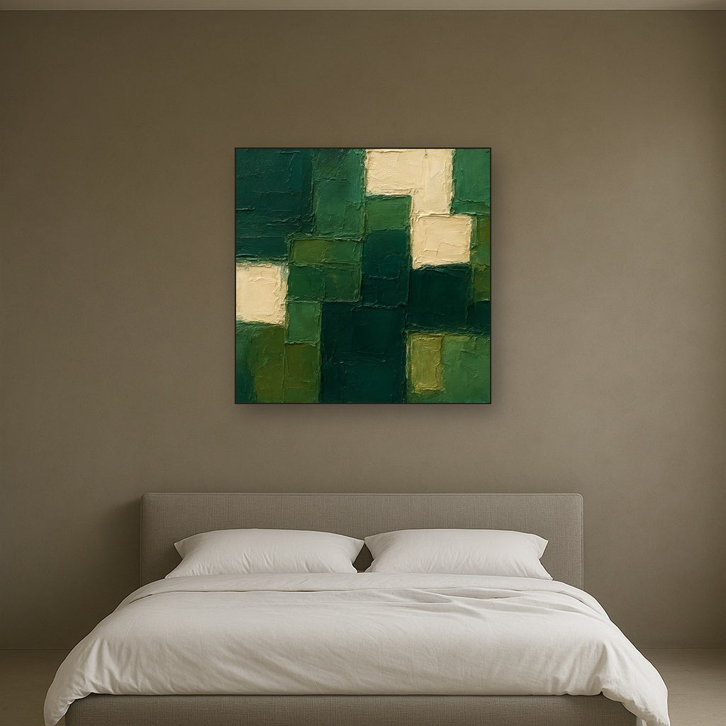Emerald Resonance Modern Abstract Oil Painting - Styled in Master Bedroom
