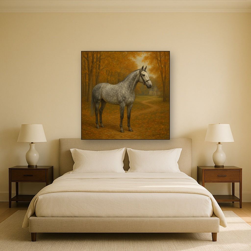 Dappled Grey Hunter in Autumn Woodland No. 15 Oil Painting Staged Above Master Bed in Bedroom, Calming Neutral Hand Painted Oil Art