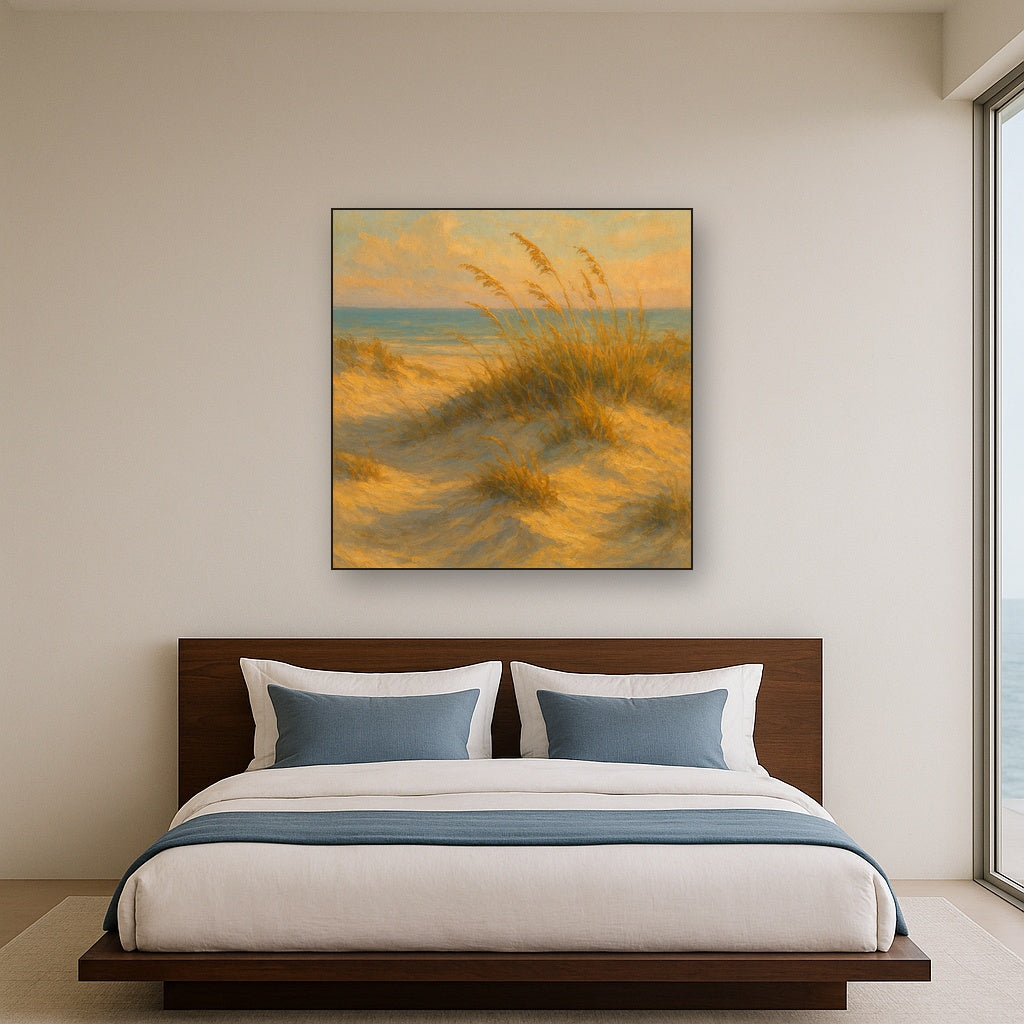Windswept Coastal Dunes Seascape Oil Painting - Styled in Master Bedroom