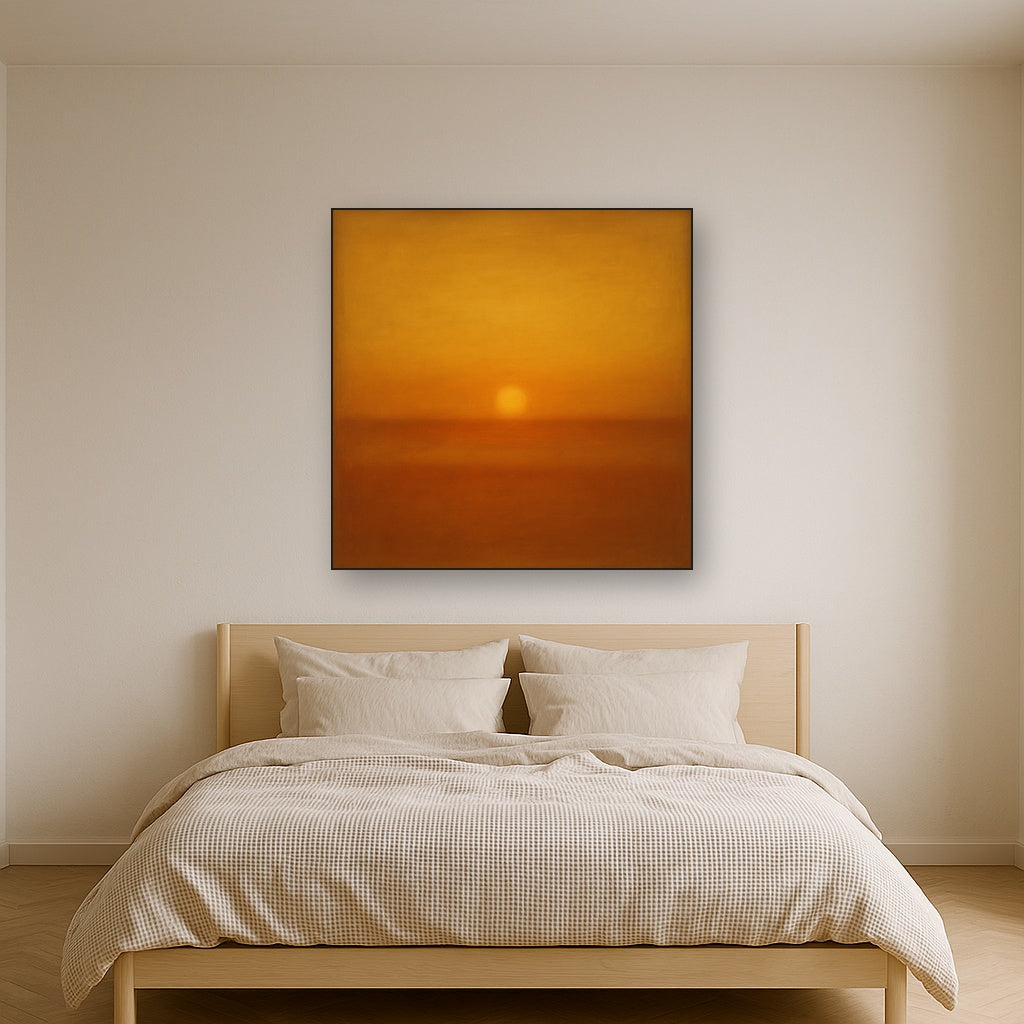 Warm Amber & Raw Sienna Sunset Meditation No. 8 Oil Painting Staged Above Master Bed in Bedroom, Calming Neutral Hand Painted Oil Art