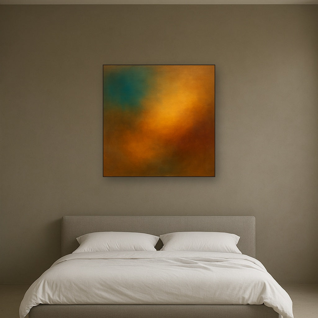 Deep Topaz & Spiced Terracotta Glow No. 2 Oil Painting Staged Above Master Bed in Bedroom, Calming Neutral Hand Painted Oil Art