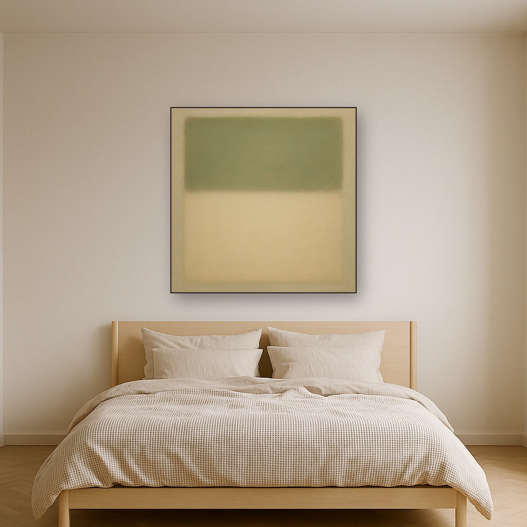 Sage Olive & Pale Sandstone Minimalist Harmony No. 28 Oil Painting Staged Above Master Bed in Bedroom, Calming Neutral Hand Painted Oil Art