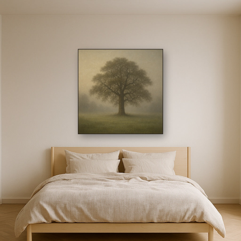 Ancient Solitary Oak in Morning Fog No. 3 Oil Painting - View 3