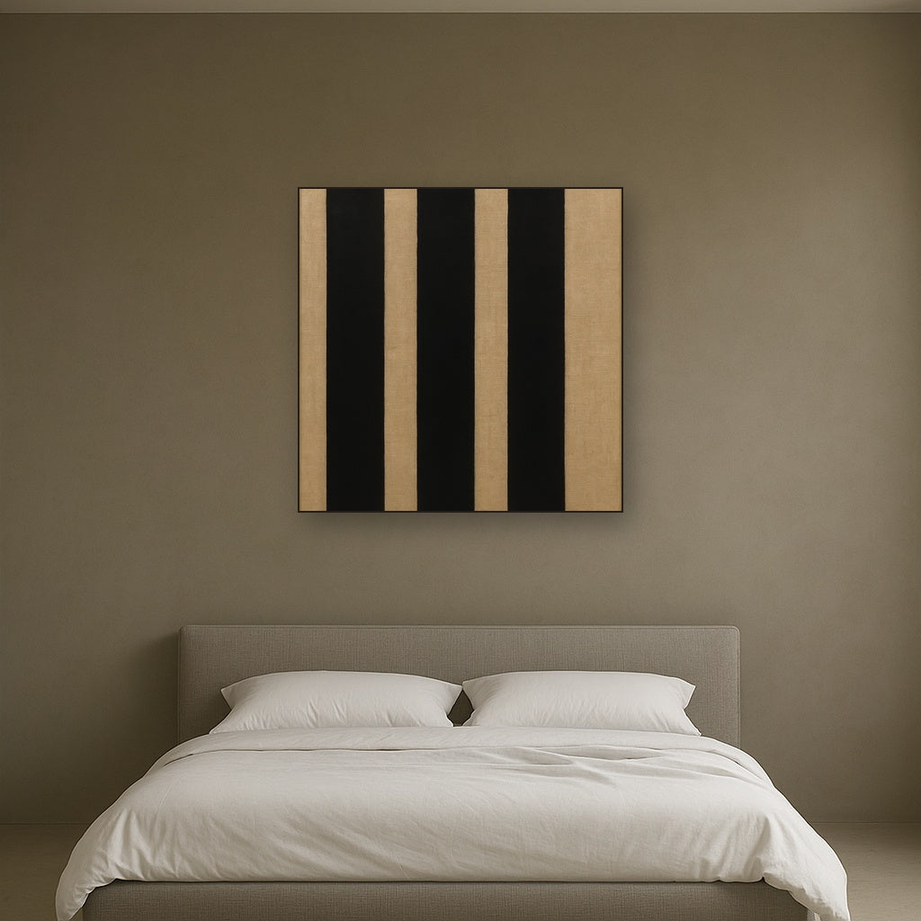 Minimalist Black Stripe & Raw Linen Rhythm No. 4 Fine Art Oil Painting - View 3