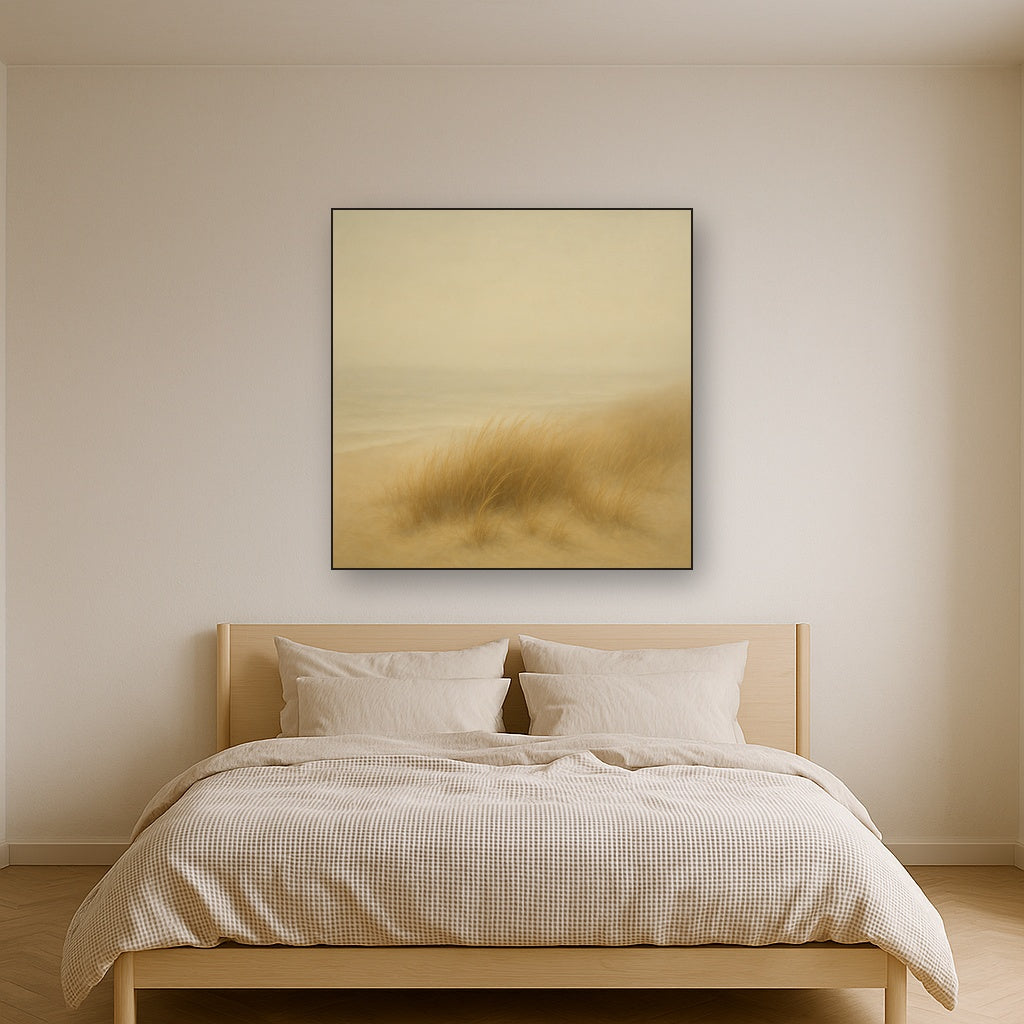 Silent Dune Grass in November Sea Fog No. 10 Oil Painting Staged Above Master Bed in Bedroom, Calming Neutral Hand Painted Oil Art