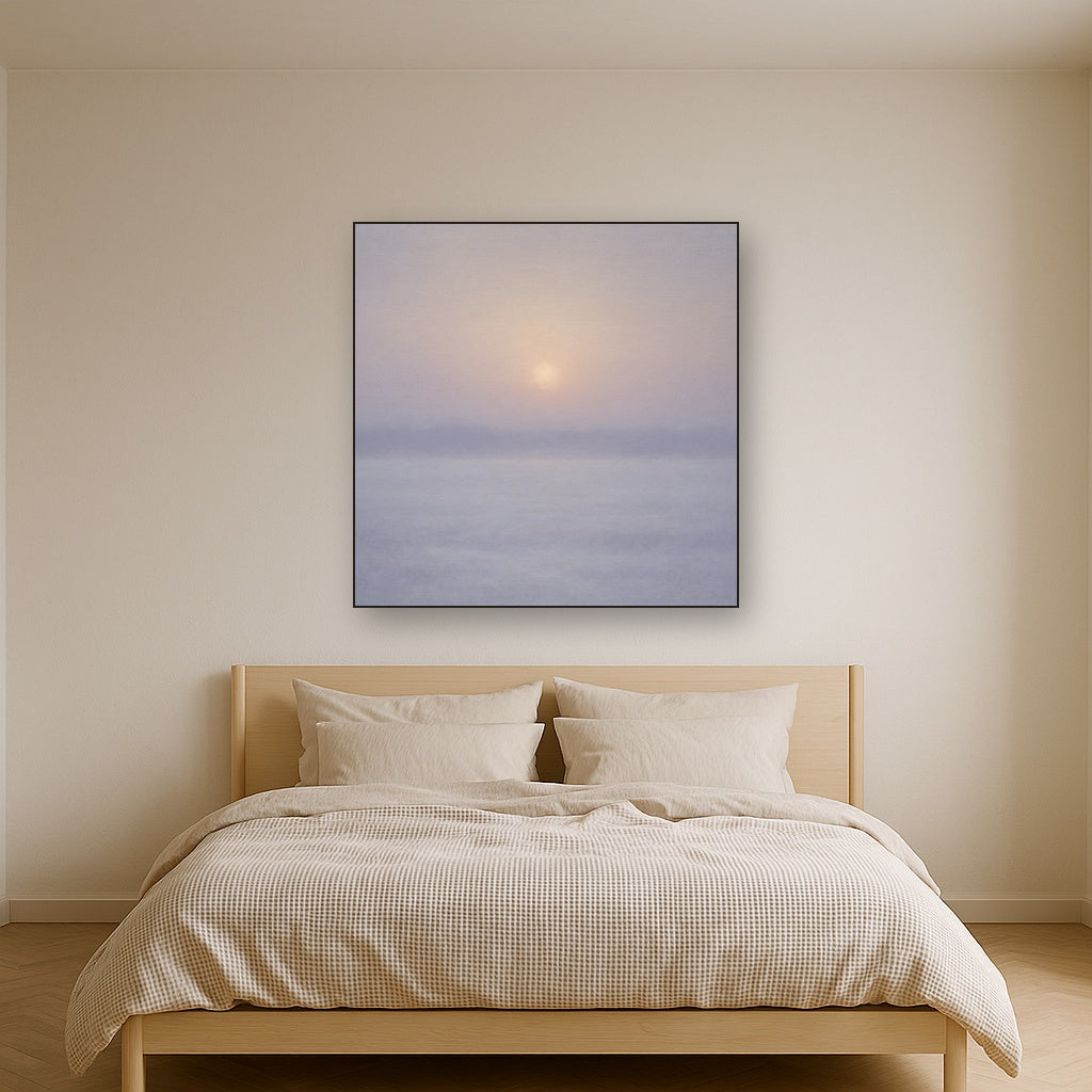 Winter Dawn Frost & Pale Silver Light No. 3 Oil Painting Staged Above Master Bed in Bedroom, Calming Neutral Hand Painted Oil Art