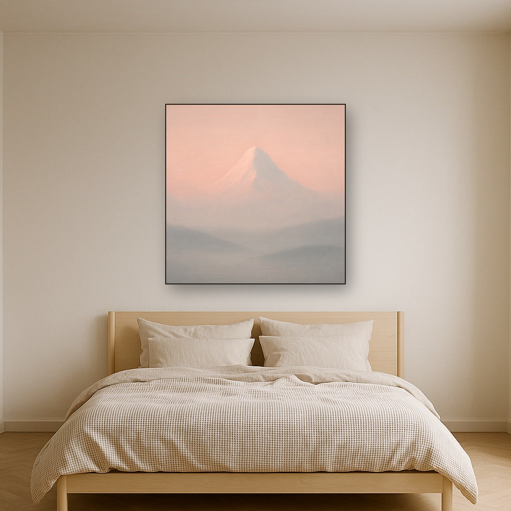 Pale Alpenglow over Distant Glacial Peak No. 6 Oil Painting Staged Above Master Bed in Bedroom, Calming Neutral Hand Painted Oil Art