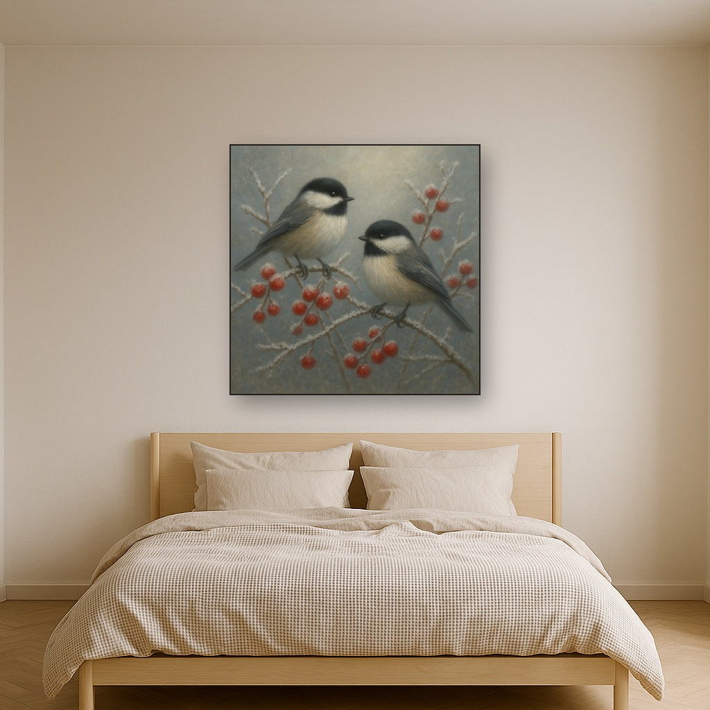 Winter Birds on Frosty Red Berry Branch No. 6 Oil Painting - View 3