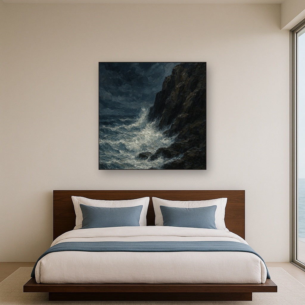 Stormy Cape Lighthouse Seascape Oil Painting - Styled in Master Bedroom