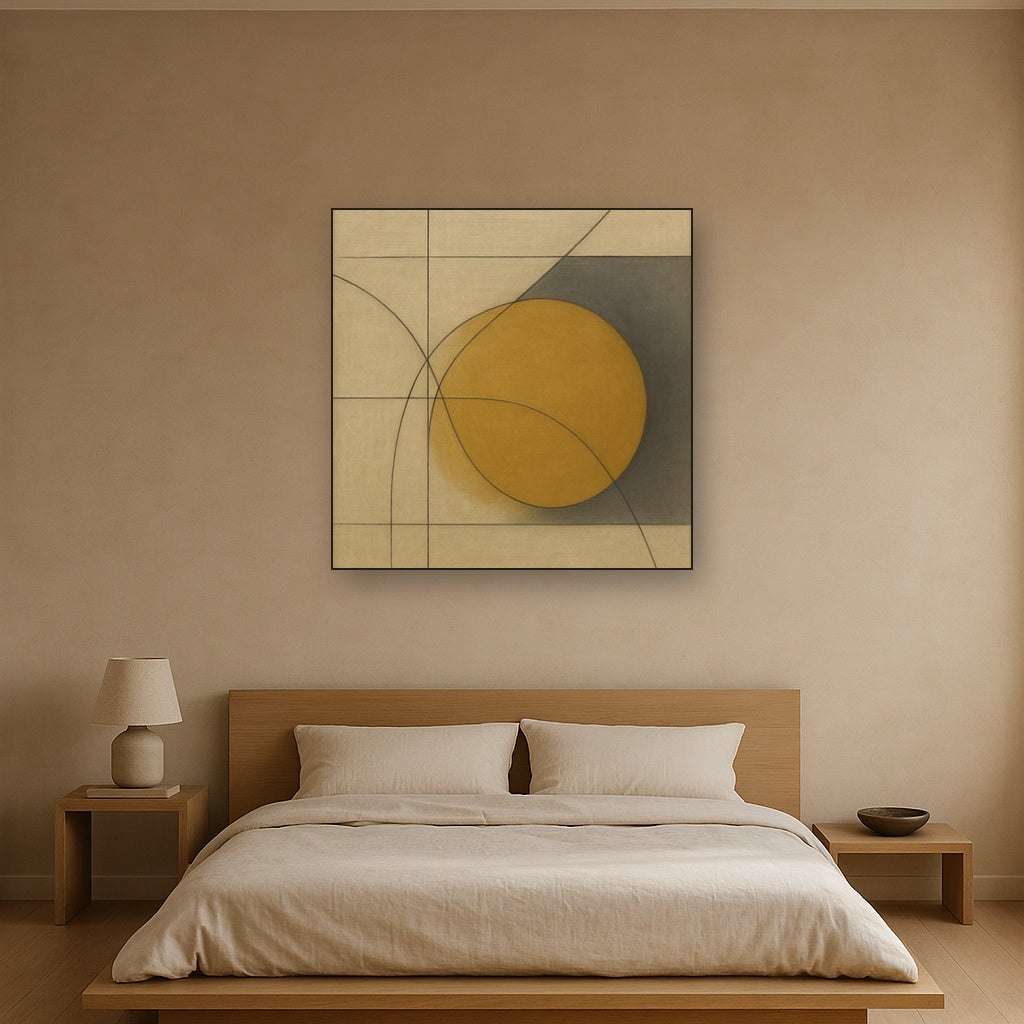 Abstract Tangent Lines & Earthy Ochre Disc No. 17 Oil Painting - View 3