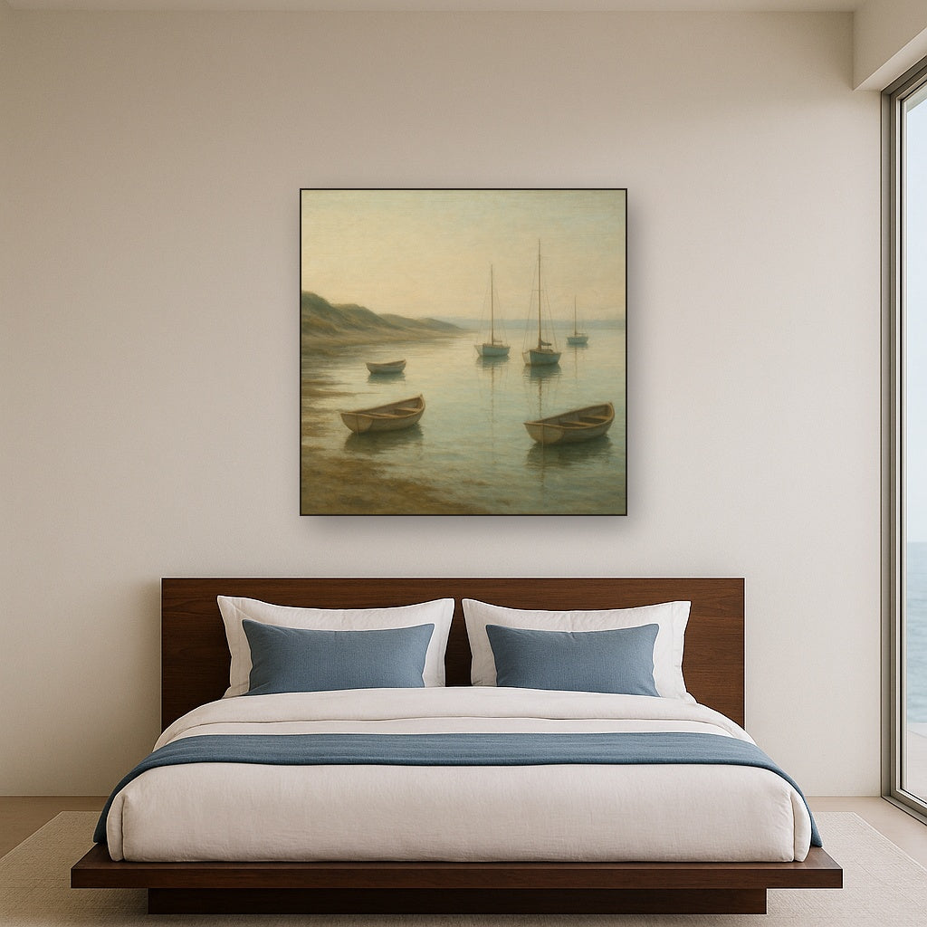 Quiet Fishing Harbor at Morning Low Tide No. 20 Oil Painting Staged Above Master Bed in Bedroom, Calming Neutral Hand Painted Oil Art