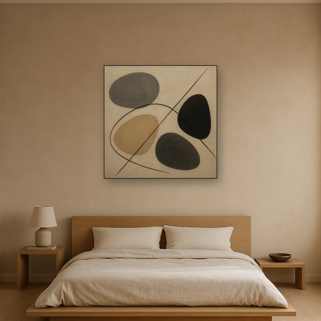 Organic Pebble Contours & Slanted Lines No. 10 Oil Painting Staged Above Master Bed in Bedroom, Calming Neutral Hand Painted Oil Art