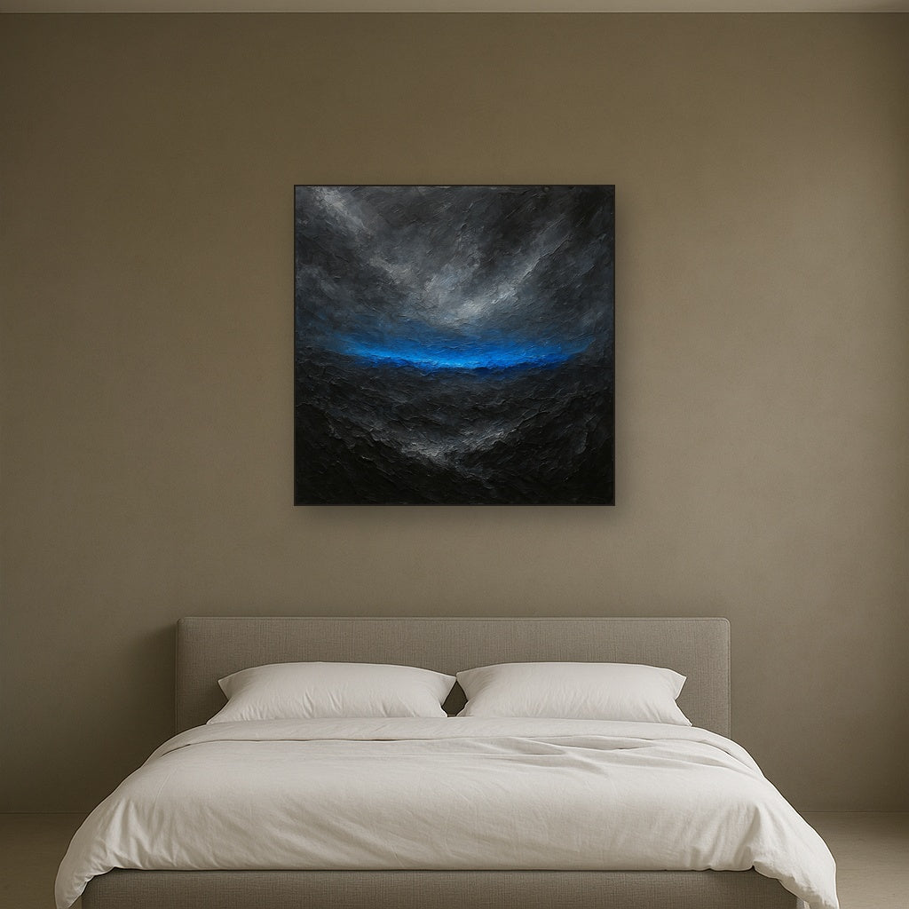Cobalt Horizon Dynamic Modern Abstract Oil Painting - Styled in Master Bedroom