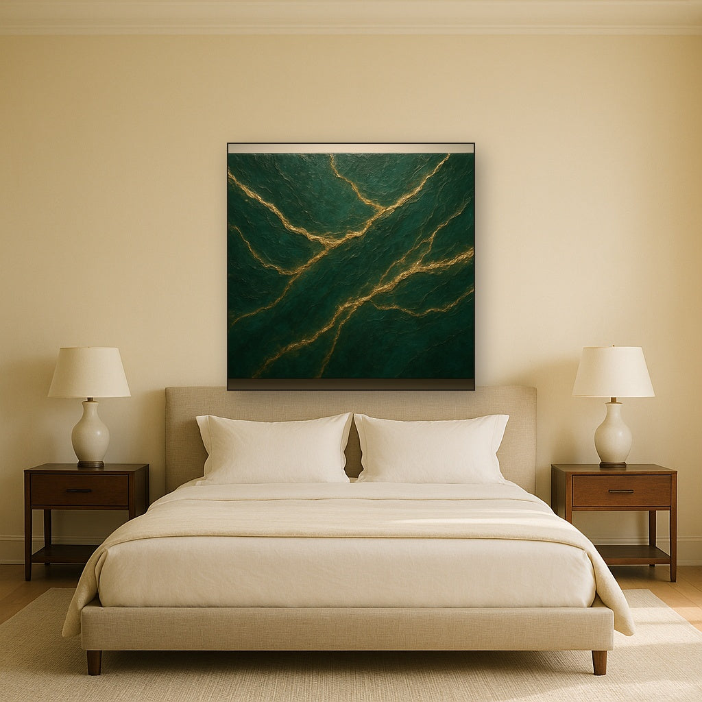 Emerald Veins & Liquid Gold Luxury Oil Painting - Styled in Master Bedroom