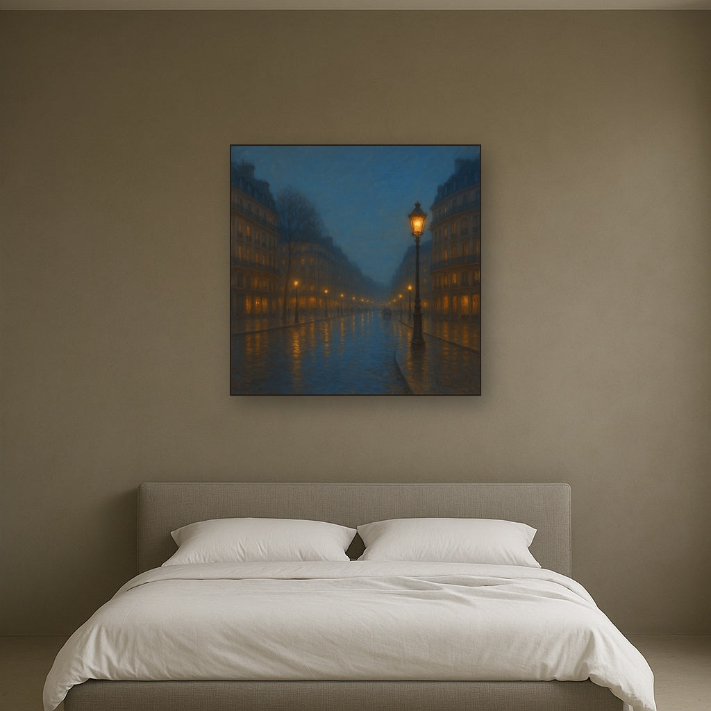 Rainy Parisian Boulevard at Twilight No. 29 Oil Painting Staged Above Master Bed in Bedroom, Calming Neutral Hand Painted Oil Art