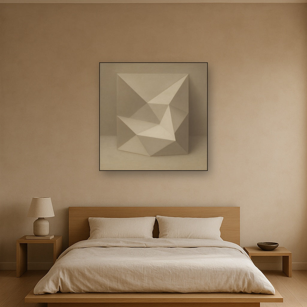 Folded Paper Geometry in Neutral Gradient Shadows No. 7 Oil Painting Staged Above Master Bed in Bedroom, Calming Neutral Hand Painted Oil Art