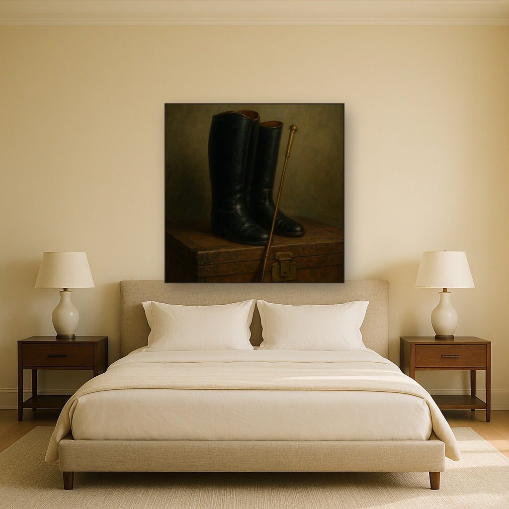 Vintage Riding Boots & Brass Crop on Trunk No. 11 Oil Painting - View 3