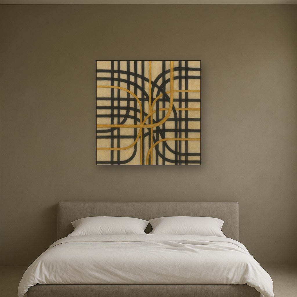 Abstract Woven Line Matrix in Charcoal & Gold No. 11 Fine Art Oil Painting - View 3