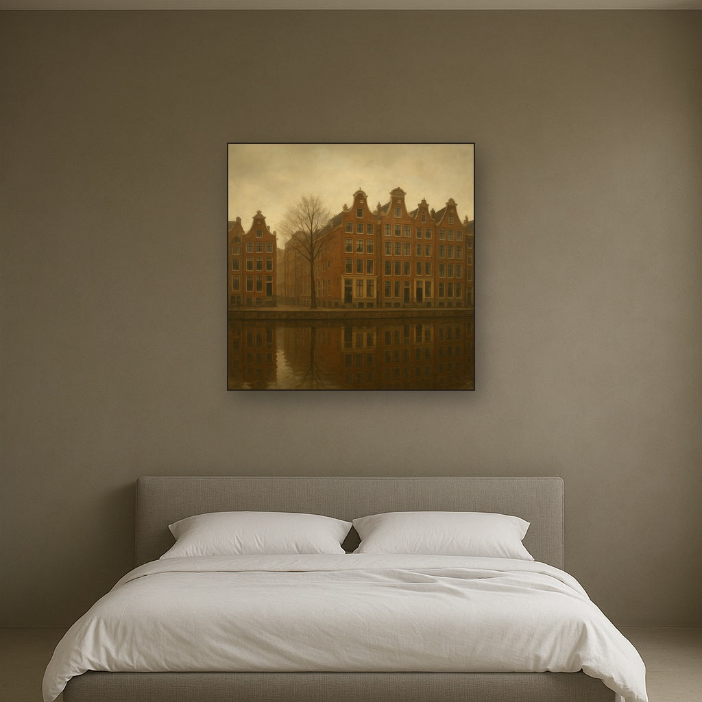 Amsterdam Canal Houses Under Overcast Sky No. 18 Oil Painting Staged Above Master Bed in Bedroom, Calming Neutral Hand Painted Oil Art