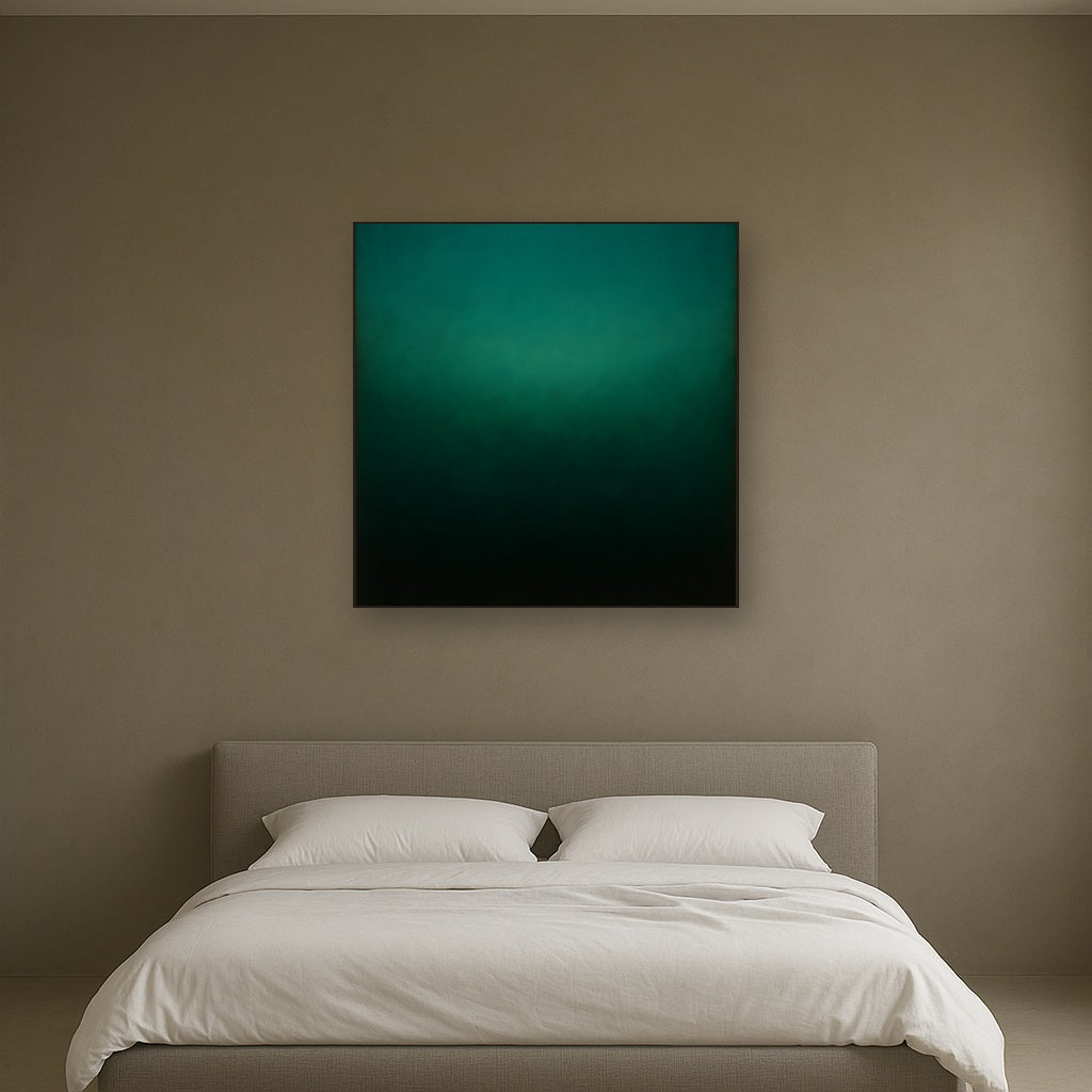 Midnight Teal & Deep Malachite Gradient No. 15 Oil Painting Staged Above Master Bed in Bedroom, Calming Neutral Hand Painted Oil Art