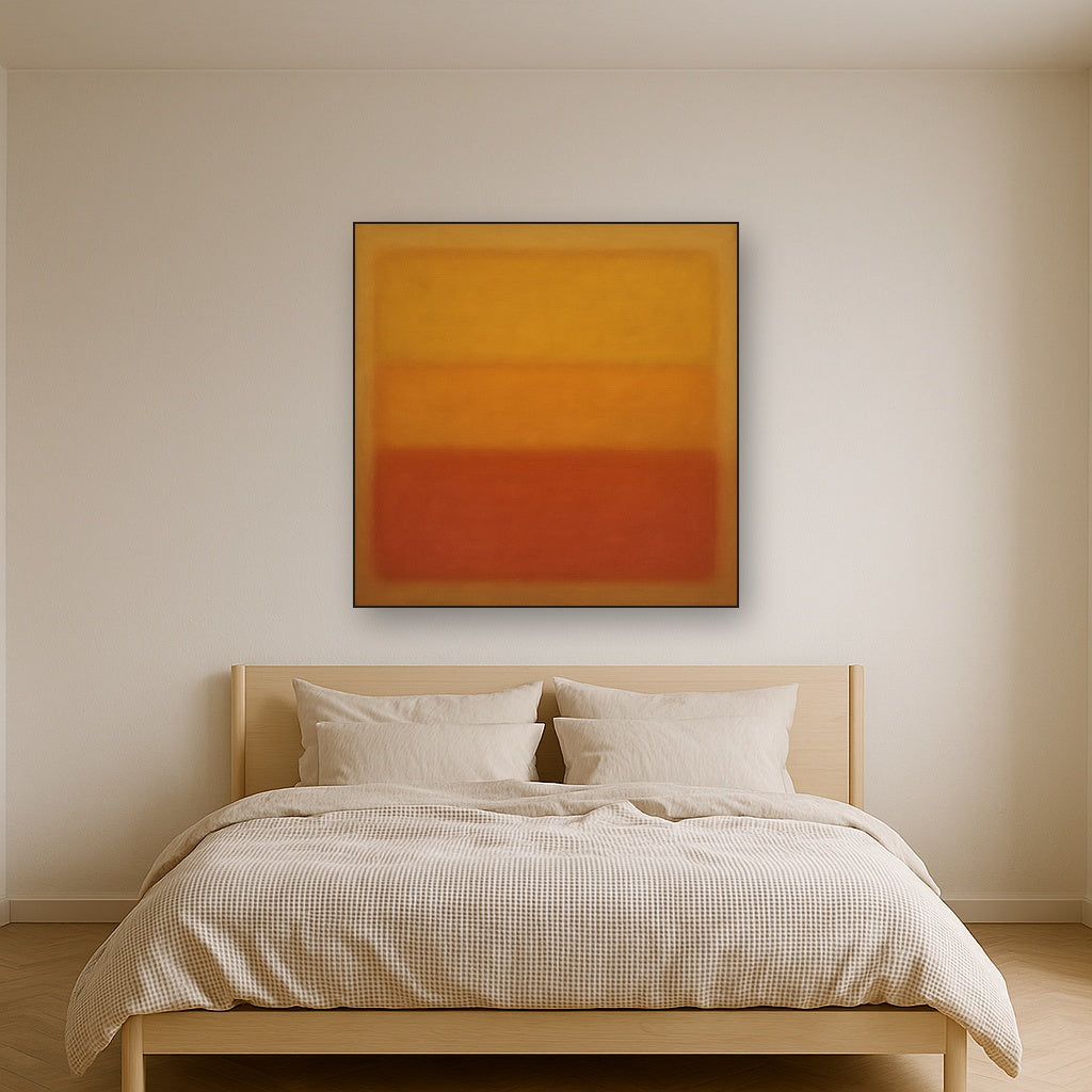 Luminous Ochre & Terracotta Horizon Color Field No. 13 Oil Painting Staged Above Master Bed in Bedroom, Calming Neutral Hand Painted Oil Art