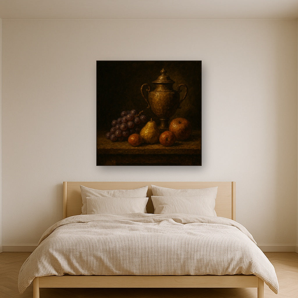 Classical Chiaroscuro Fruit & Urn Still Life No. 4 Oil Painting - Styled in Master Bedroom