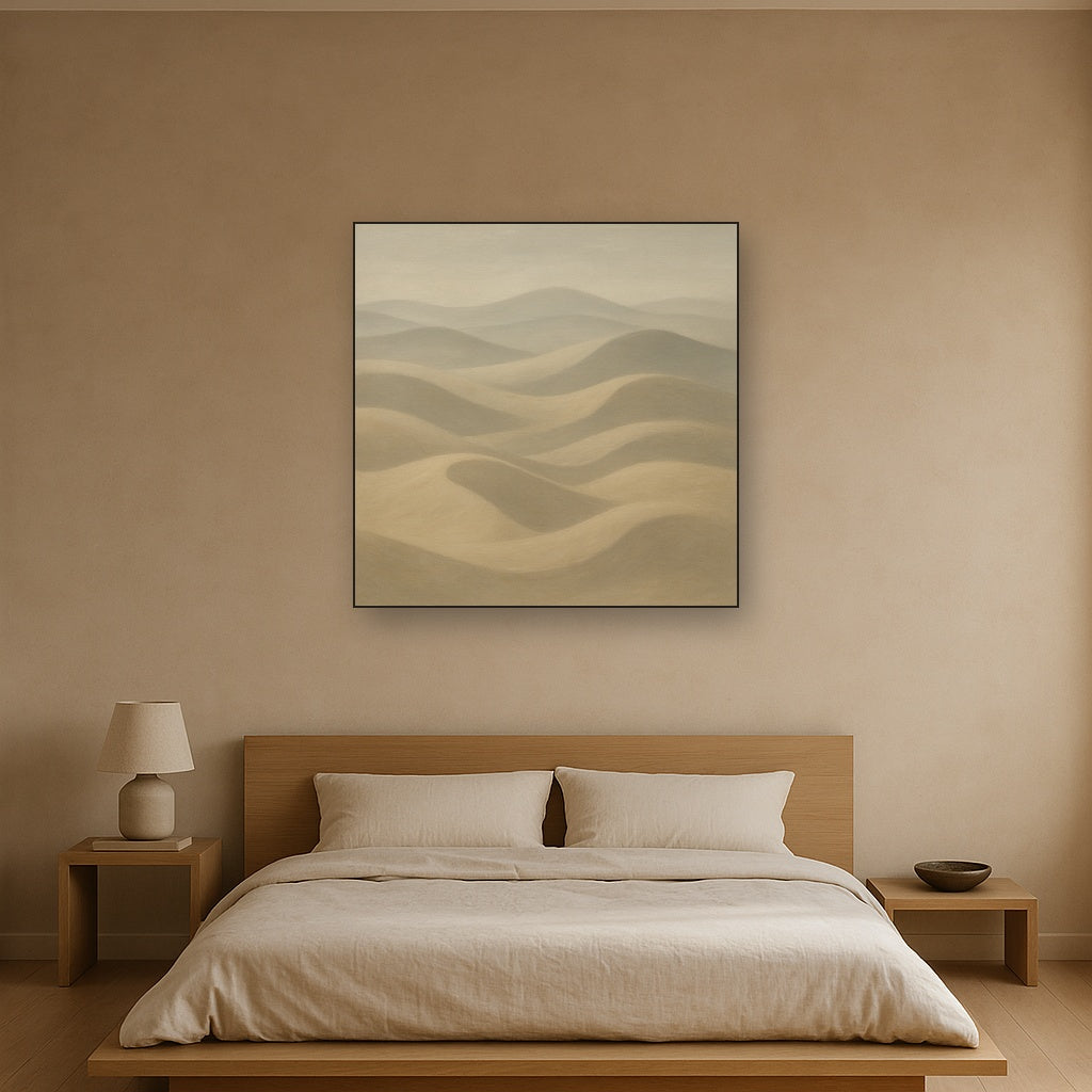 Monochrome Sand Dune Contours & Pale Slate No. 26 Oil Painting Staged Above Master Bed in Bedroom, Calming Neutral Hand Painted Oil Art