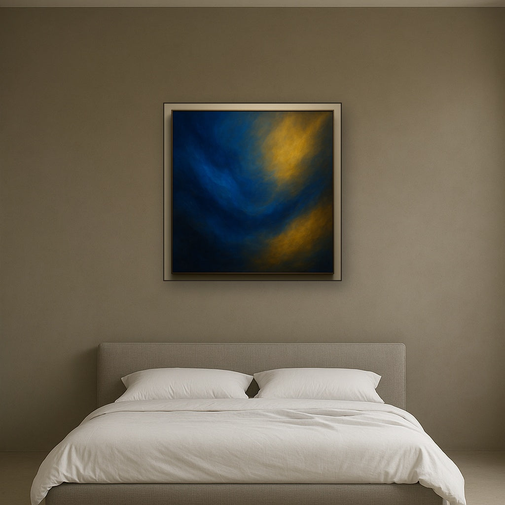 Lapis Lazuli & Golden Ochre Luminous Field No. 2 Oil Painting Staged Above Master Bed in Bedroom, Calming Neutral Hand Painted Oil Art