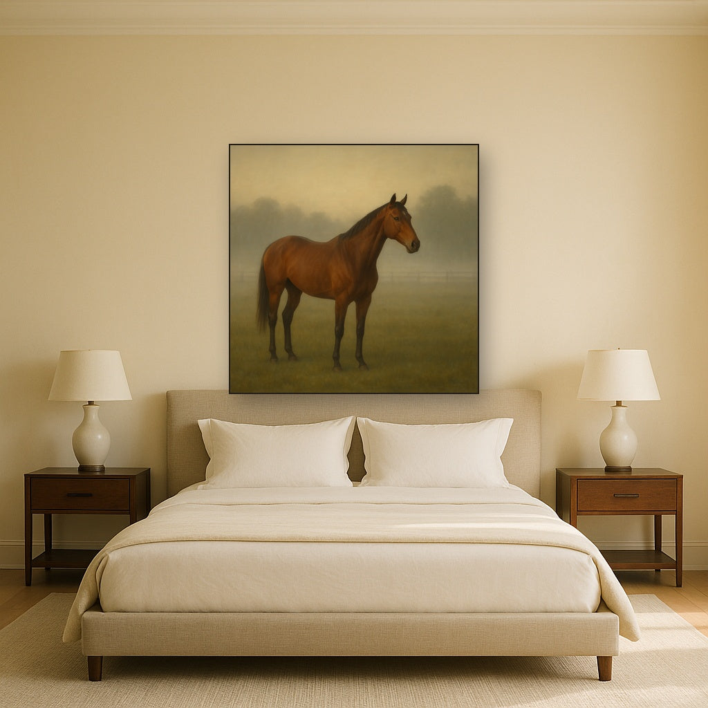 Thoroughbred in Morning Pasture Mist No. 4 Oil Painting - View 3
