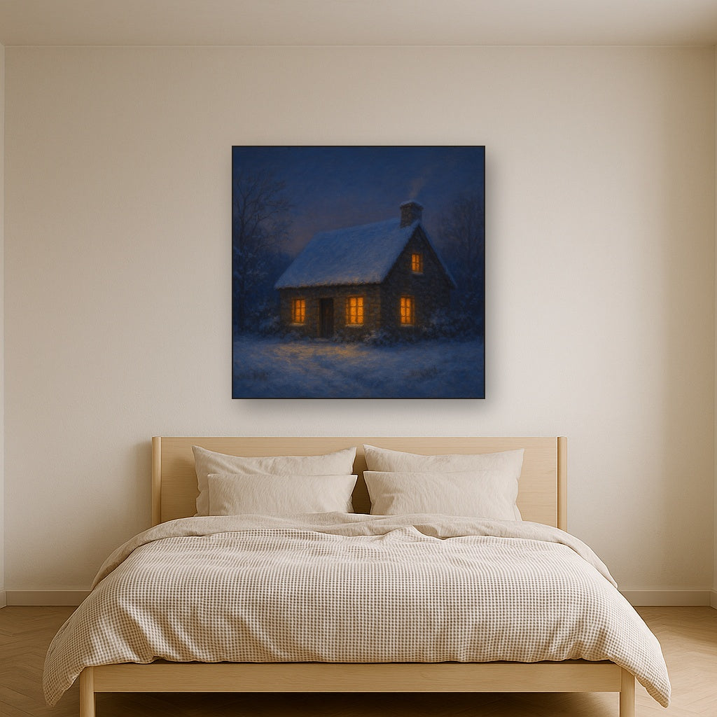 Snow-Dusted Stone Cottage at Twilight No. 4 Oil Painting - View 3