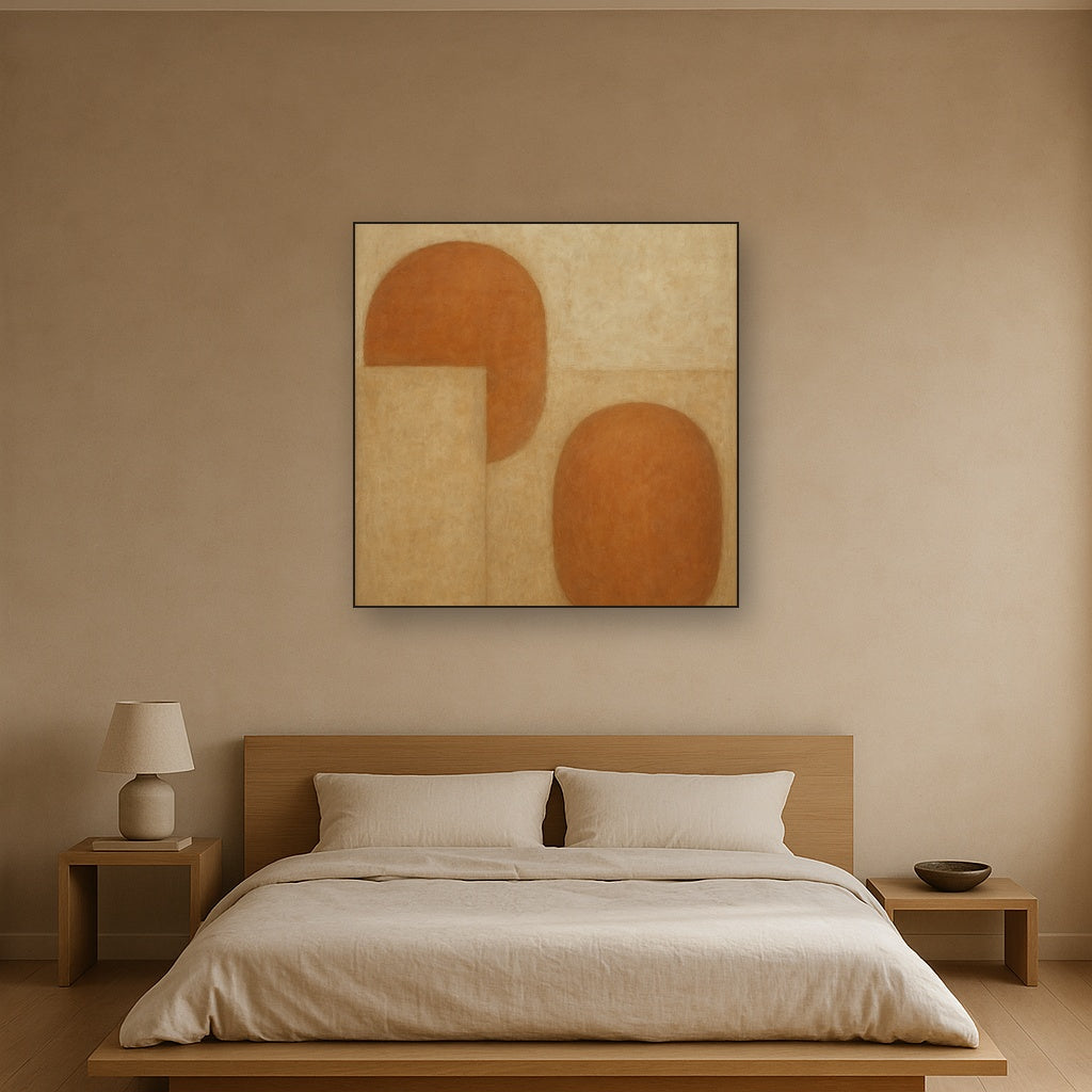 Earthy Terracotta & Weathered Plaster Wash No. 6 Oil Painting Staged Above Master Bed in Bedroom, Calming Neutral Hand Painted Oil Art