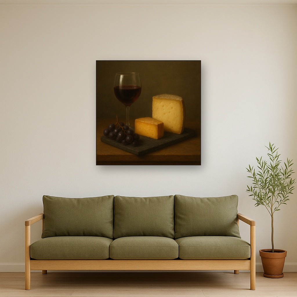 Burgundy Wine Glass & Aged Cheese Board No. 5 Oil Painting - View 3