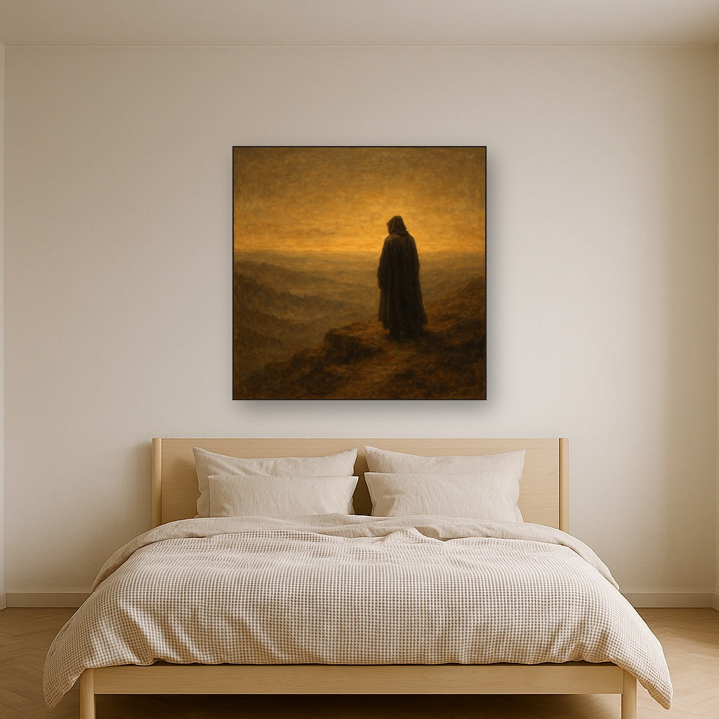 Solitary Wanderer Horizon Figurative Oil Painting - Styled in Master Bedroom
