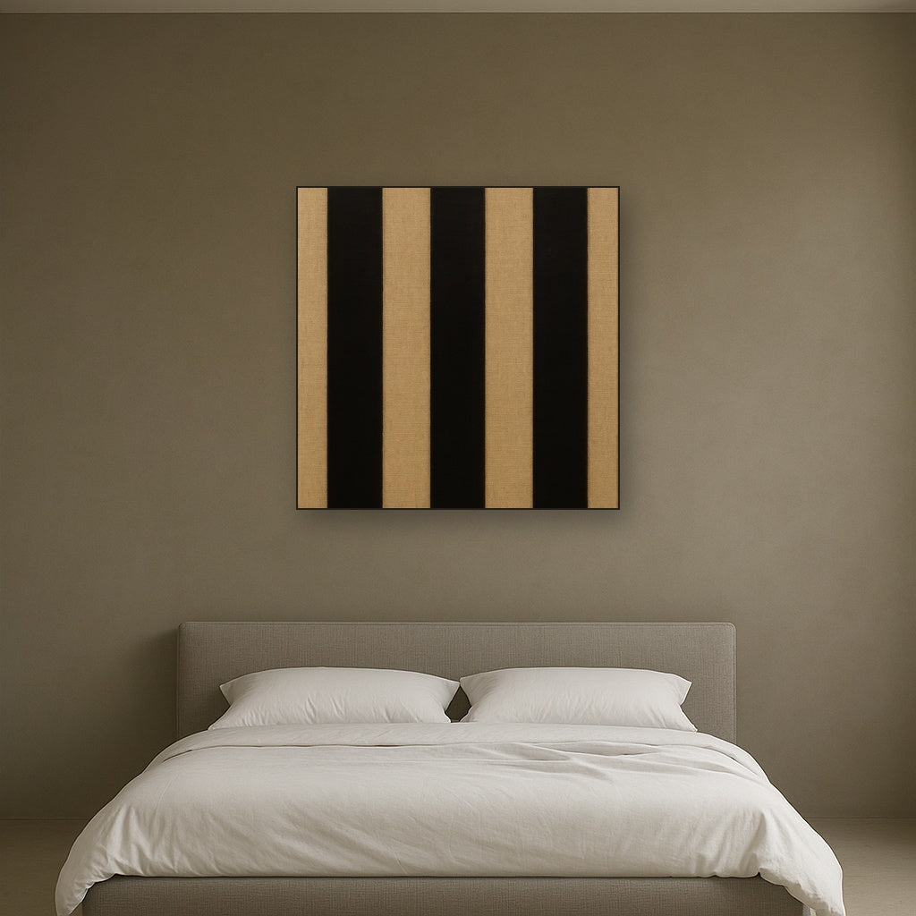 Minimalist Black Stripe & Raw Linen Rhythm No. 3 Fine Art Oil Painting - View 3