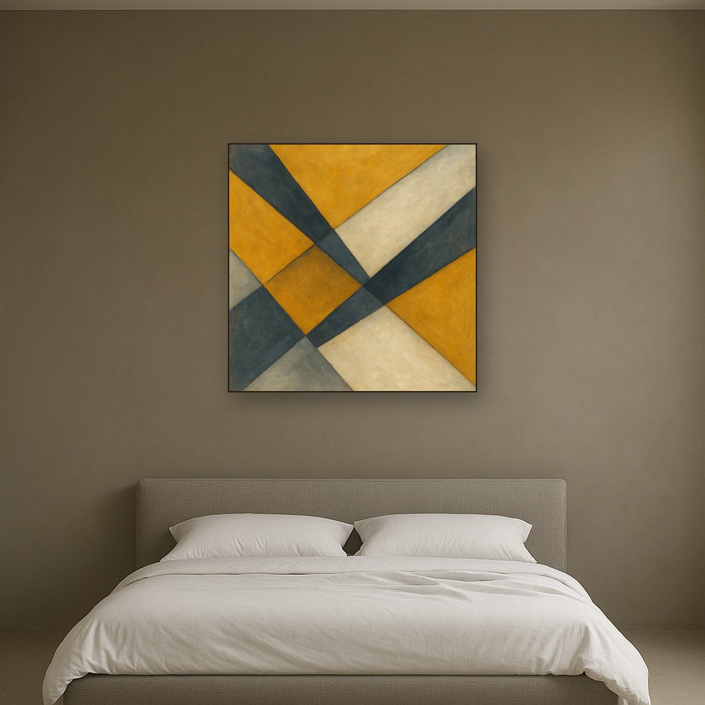 Geometric Intersection Modern Abstract Oil Painting - Styled in Master Bedroom