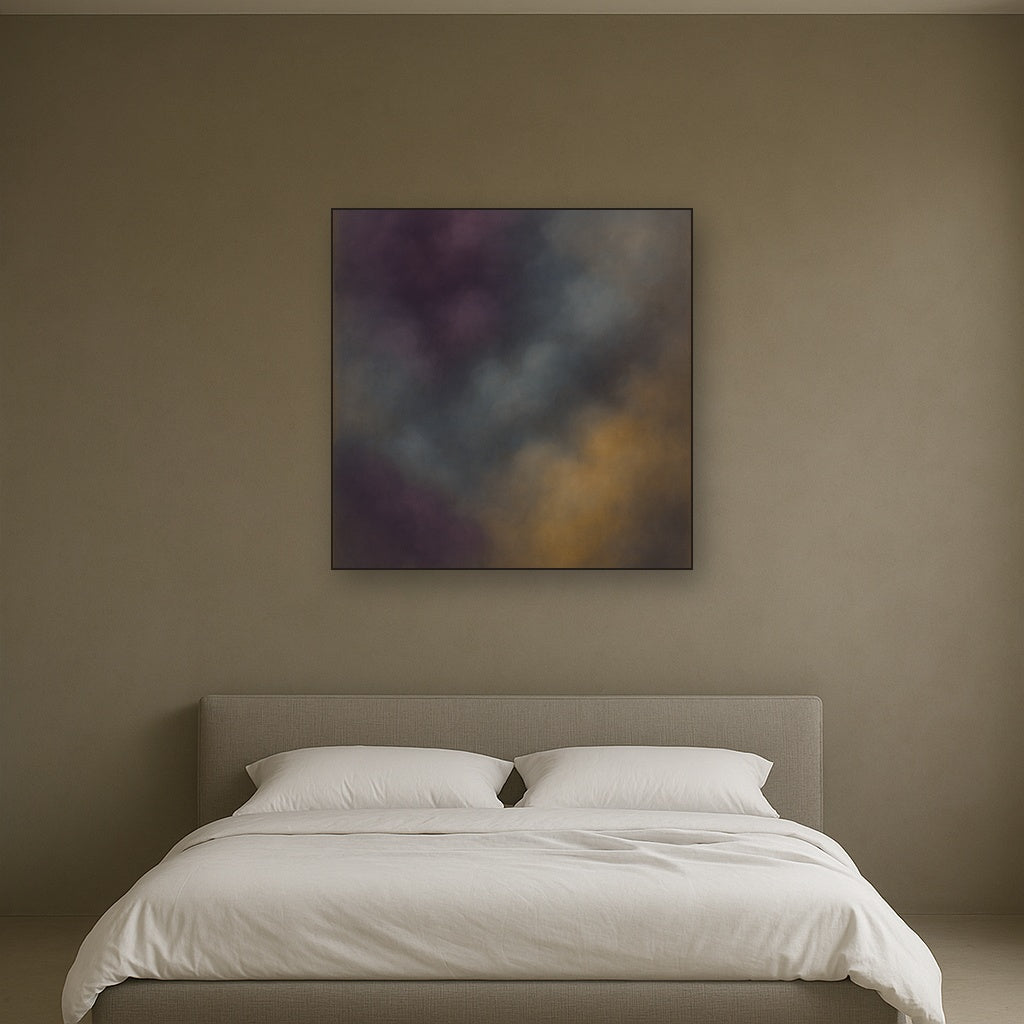 Gilded Plum & Soft Smoke Cloud Harmony No. 20 Oil Painting Staged Above Master Bed in Bedroom, Calming Neutral Hand Painted Oil Art