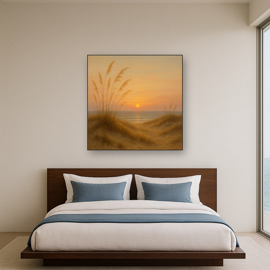 Sea Oats on Rolling Coastal Dunes at Sunset No. 4 Oil Painting Staged Above Master Bed in Bedroom, Calming Neutral Hand Painted Oil Art